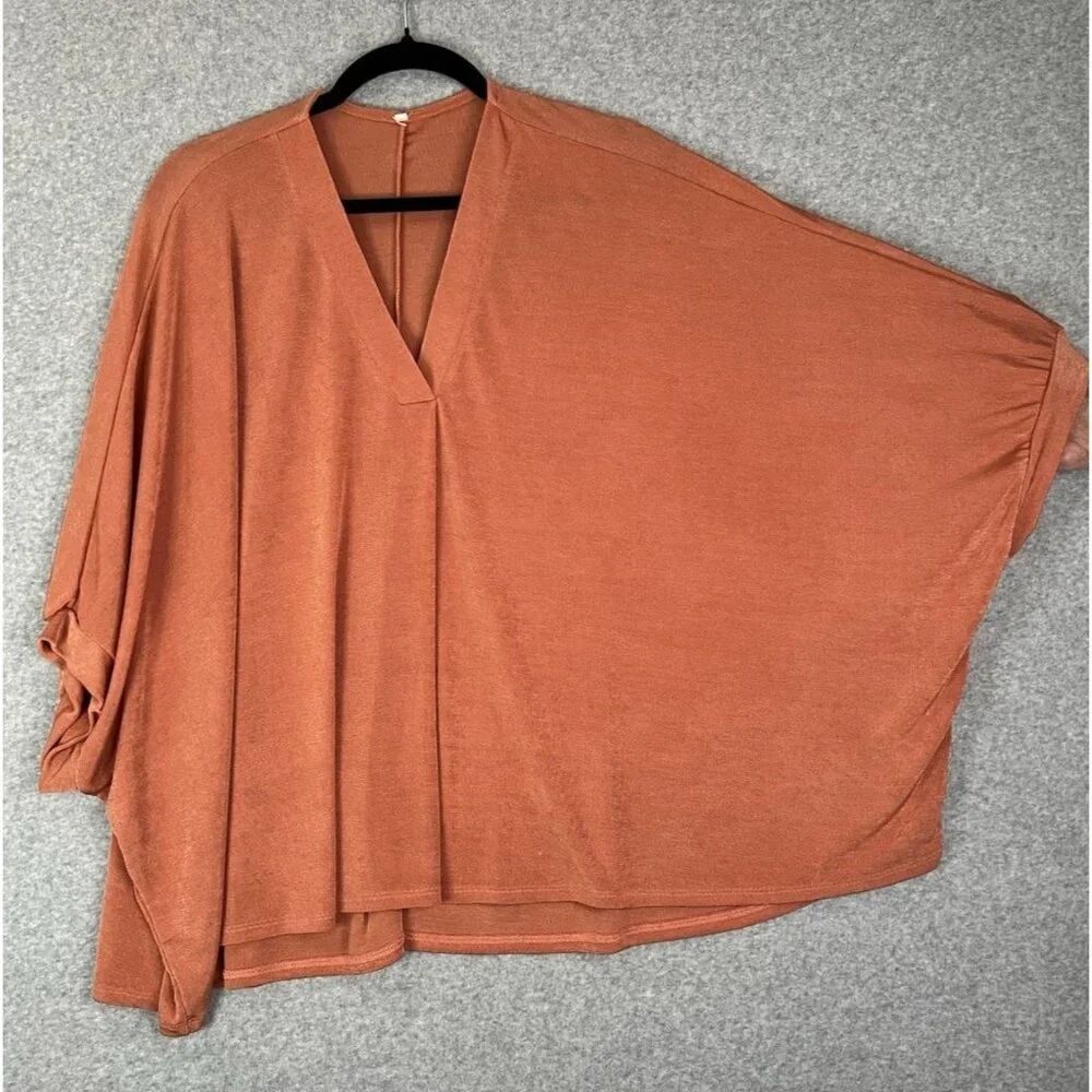 Womens V-neck Orange Slinky Knit Tunic Oversized, Hi-Low Hem, Dolman Sleeves - Picture 2 of 9
